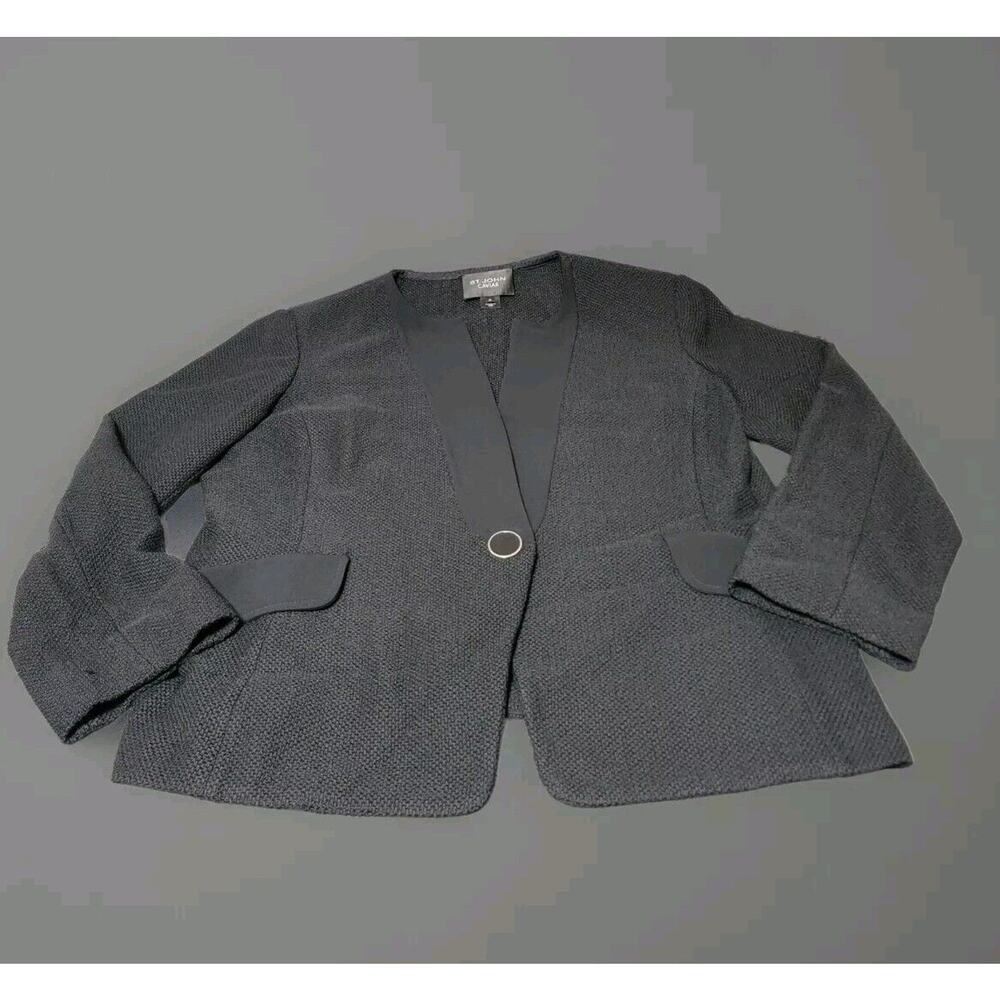 St. John Caviar Black Wool Blend Woven Knit Blazer Jacket Sz 14 Single Breasted
